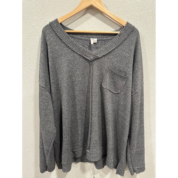 Cato Heather Gray Pullover Top, Waffle Knit Texture, V-Neck, Long Sleeve, Casual - Picture 1 of 6